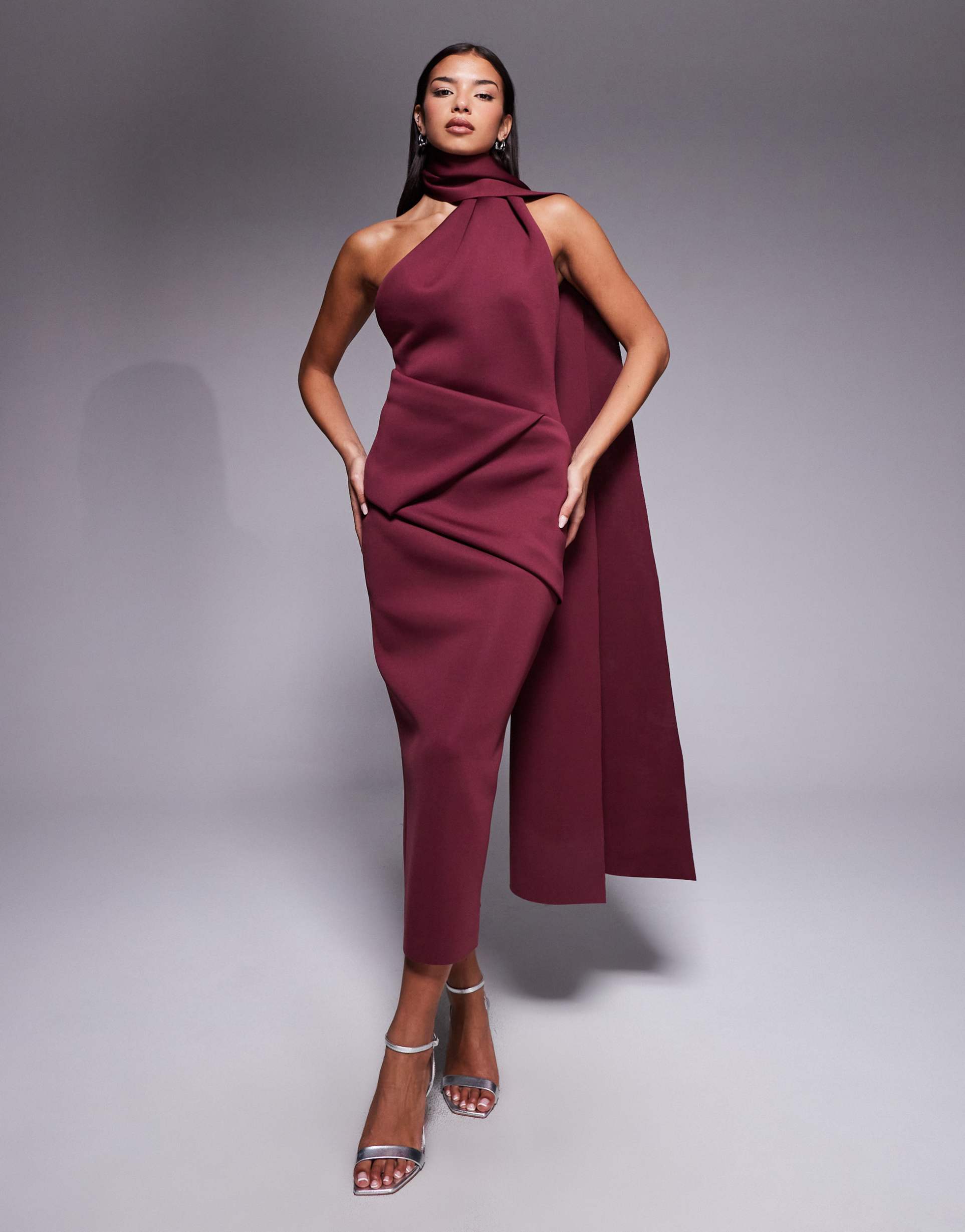 asos design midaxi dress with neck detailing in red scuba-style fabric