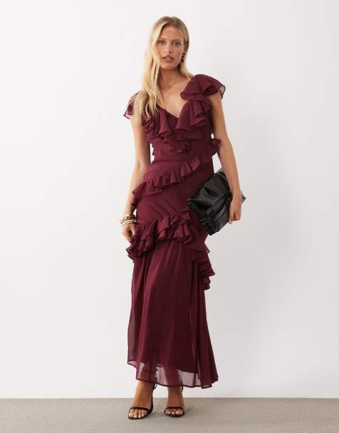 ASOS DESIGN midaxi dress with ruffle detail in plum - view 1
