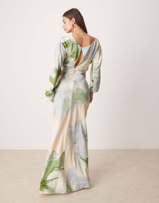 ASOS DESIGN - Midaxi jurk met afhangende schouder, bloemenprint en uitsnijding in multi, 3 van 4