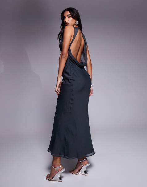 ASOS DESIGN - Midaxi jurk met asymmetrische halslijn en gedrapeerde achterkant in leisteen - view 1