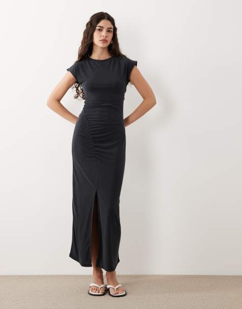 ASOS DESIGN - Midaxi jurk met korte mouwen en asymmetrisch gerimpeld detail in zwart - view 1