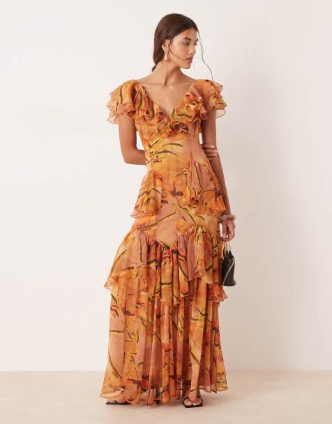 ASOS DESIGN - Midaxi-jurk met lage ronde hals, fladdermouwen, ruches, stroken en bloemenprint in geel - view 1