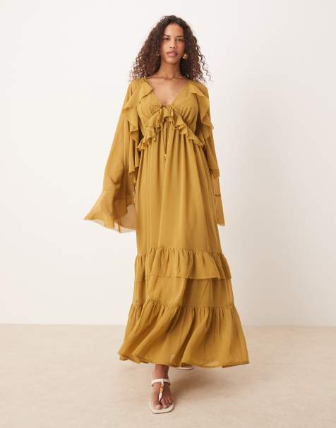 ASOS DESIGN - Midaxi-jurk met lange mouwen, V-hals en gestrikte details in olijfkleur - view 1