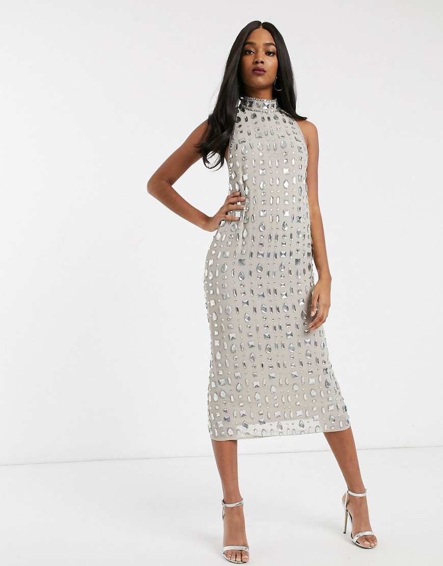 ASOS DESIGN - Midaxi-jurk met lineair geplaatste steentjes-Bruin