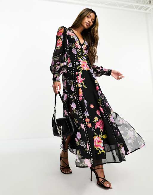 ASOS DESIGN - Midaxi jurk met paneel en afwerking met studs in bloemenprint