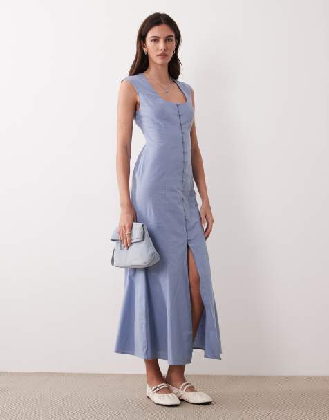 ASOS DESIGN - Midaxi jurk met vierkante hals en knoopsluiting in denimblauw - view 1