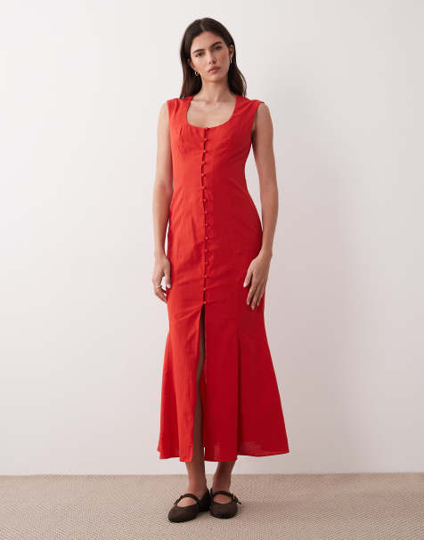 ASOS DESIGN - Midaxi jurk met vierkante hals en knoopsluiting in rood - view 1