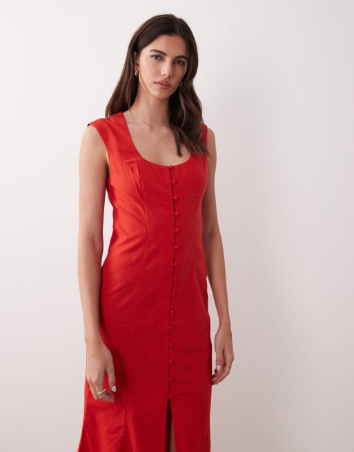 ASOS DESIGN - Midaxi jurk met vierkante hals en knoopsluiting in rood, 2 van 4