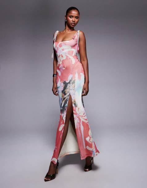ASOS DESIGN - Midaxi jurk met vierkante hals, gedrapeerde achterkant en gespleten print - view 1