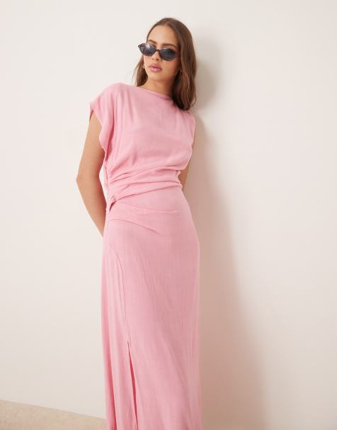 ASOS DESIGN - Midaxi jurk van linnenmix met open achterkant en gedrapeerde taille in roze - view 1