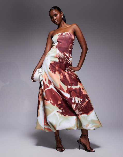 ASOS DESIGN - Midaxi jurk van scubastof met verlaagde taille en pofrok in oversized bloemenprint - view 1