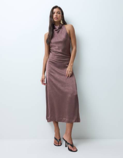 ASOS DESIGN midaxi-kjole med vandfaldsudskæring og halterneck i brun - view 1