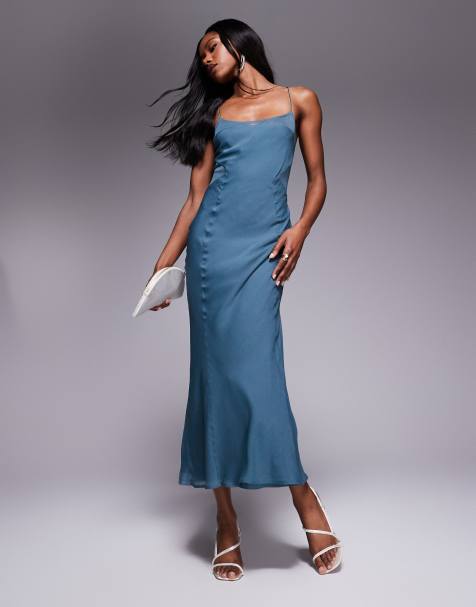 ASOS DESIGN – Midaxi-Kleid aus Chiffon in Rauchblau mit Schrägschnitt und Netzstoffeinsatz - view 1
