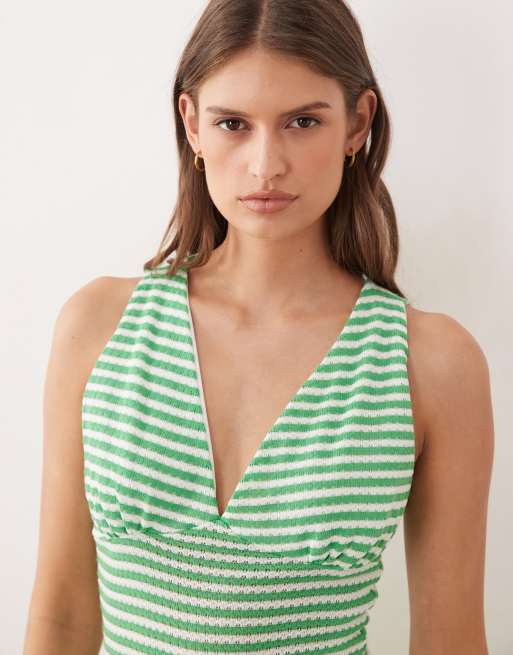 ASOS DESIGN – Midaxi-Kleid aus Häkelstoff in Grün gestreift mit tiefem V-Ausschnitt, 3 von 4