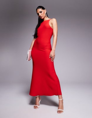 ASOS DESIGN - Midaxi-Kleid aus kompaktem Strick in Rot mit Riemchenträgern