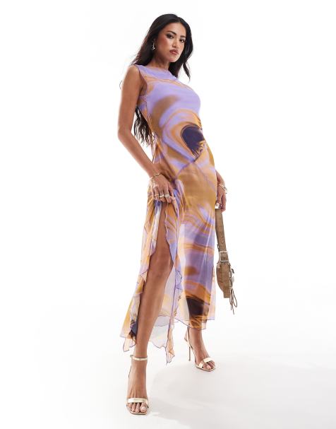 ASOS DESIGN – Midaxi-Kleid aus Netzstoff in Lila mit Wirbelmuster und Rüschendetail - view 1