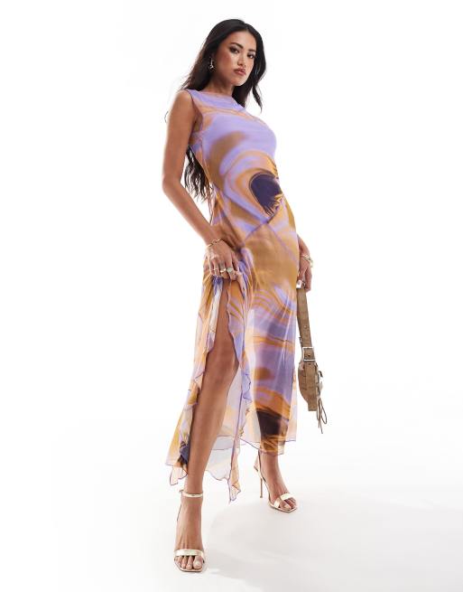 ASOS DESIGN – Midaxi-Kleid aus Netzstoff in Lila mit Wirbelmuster und Rüschendetail