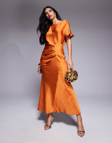 ASOS DESIGN – Midaxi-Kleid aus Satin in Rostrot mit Flatterärmeln - view 1