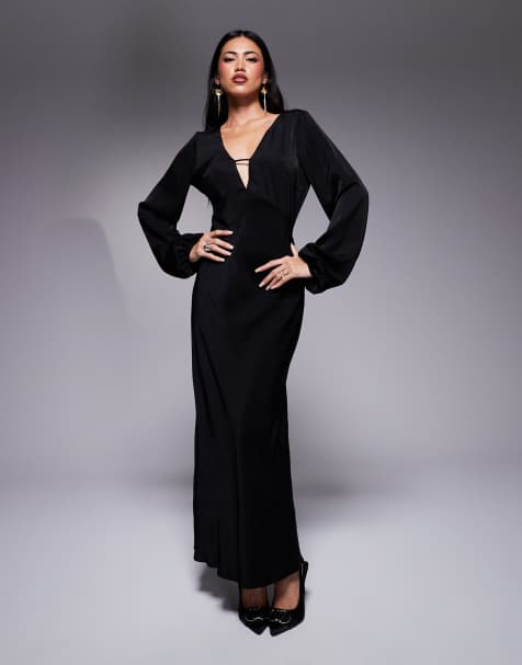 ASOS DESIGN – Midaxi-Kleid aus Satin in Schwarz mit Blousonärmeln und V-Ausschnitt - view 1