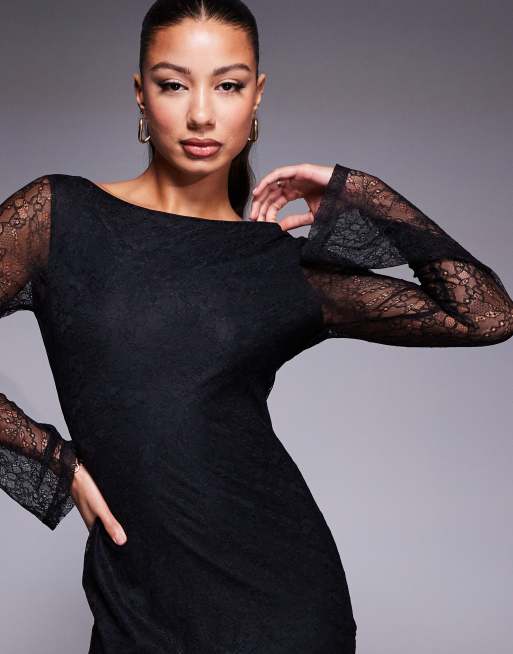 ASOS DESIGN – Midaxi-Kleid aus schwarzer Spitze mit Trompetenärmeln, 3 von 4