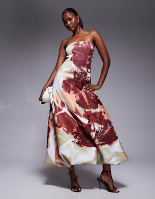 ASOS DESIGN - Midaxi-Kleid aus Scuba-Stoff mit tiefer Taille, Ballonsaum und übergroßem Blumenmuster-Bunt