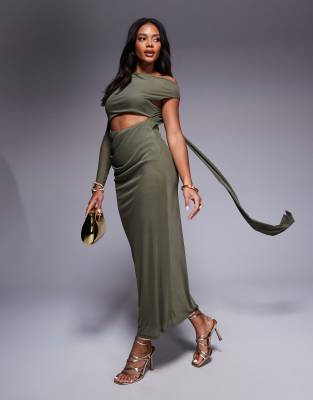 ASOS DESIGN - Midaxi-Kleid in Khaki mit einem Ärmel, Rückenausschnitt, Schärpendetail und Netzstoffeinsätzen-Grün
