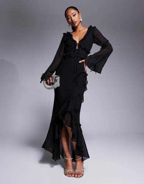 ASOS DESIGN – Midaxi-Kleid in Schwarz mit gebundener Vorderseite und nach hinten abfallendem Saum - view 1