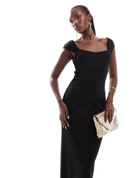 ASOS DESIGN – Midaxi-Kleid in Schwarz mit Herzausschnitt und Flügelärmeln - view 1