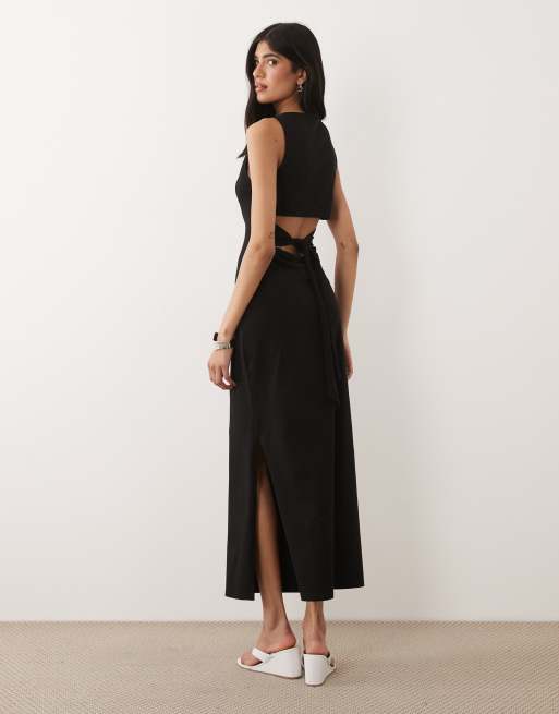 ASOS DESIGN – Midaxi-Kleid in Schwarz mit U-Boot-Ausschnitt, Bindedetail am Rücken und Seitenschlitz, 4 von 4