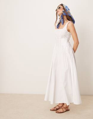 ASOS DESIGN - Midaxi-Kleid in Weiß mit U-Ausschnitt und Falten in der Taille