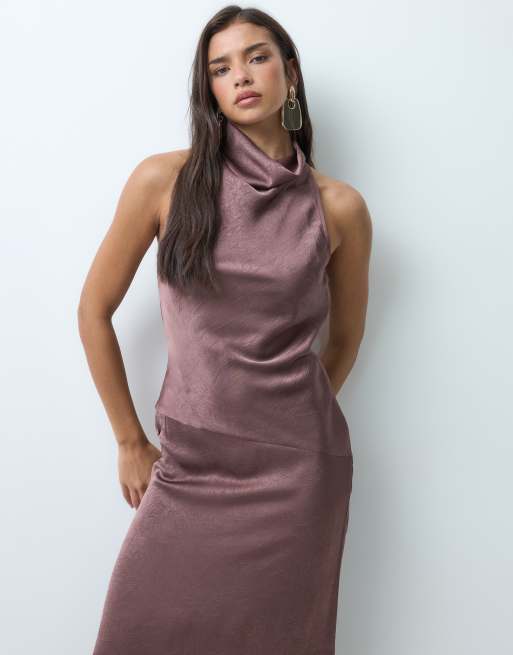 ASOS DESIGN Midaxi-Kleid mit Wasserfallausschnitt und Neckholder in Braun, 3 von 5