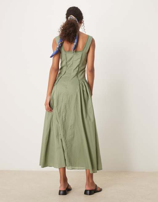 ASOS DESIGN - Midaxi prairie-jurk met vierkante hals en verlaagde taille in kaki , 2 van 4