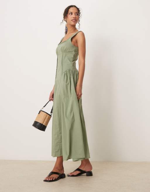 ASOS DESIGN - Midaxi prairie-jurk met vierkante hals en verlaagde taille in kaki , 4 van 4