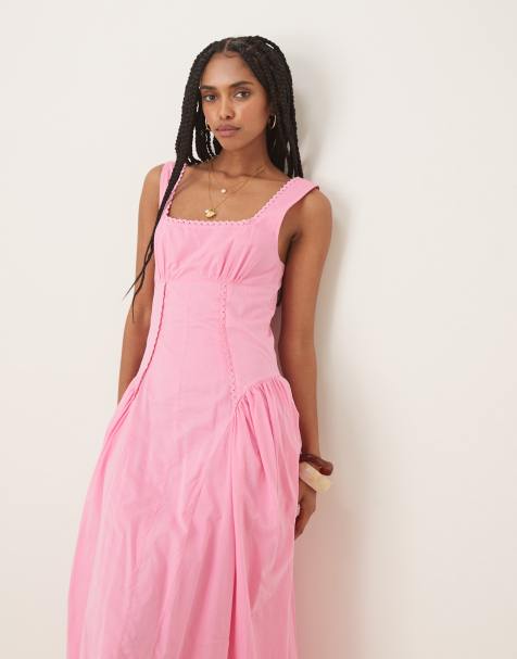 ASOS DESIGN - Midaxi prairie-jurk met vierkante hals en verlaagde taille in roze - view 1