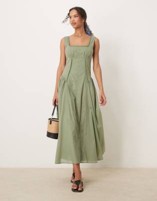 ASOS DESIGN - Midaxi-Prärie-Kleid in Khaki mit eckigem Ausschnitt und tiefer Taille-Grün