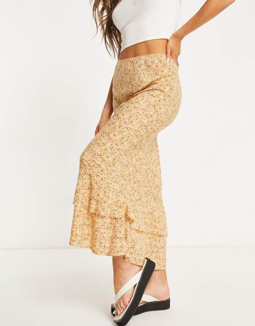 ASOS DESIGN - Midaxi rok met ruches langs de zoom in fijne bloemenprint
