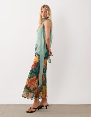 ASOS DESIGN midaxi slip dress with scarf in green floral