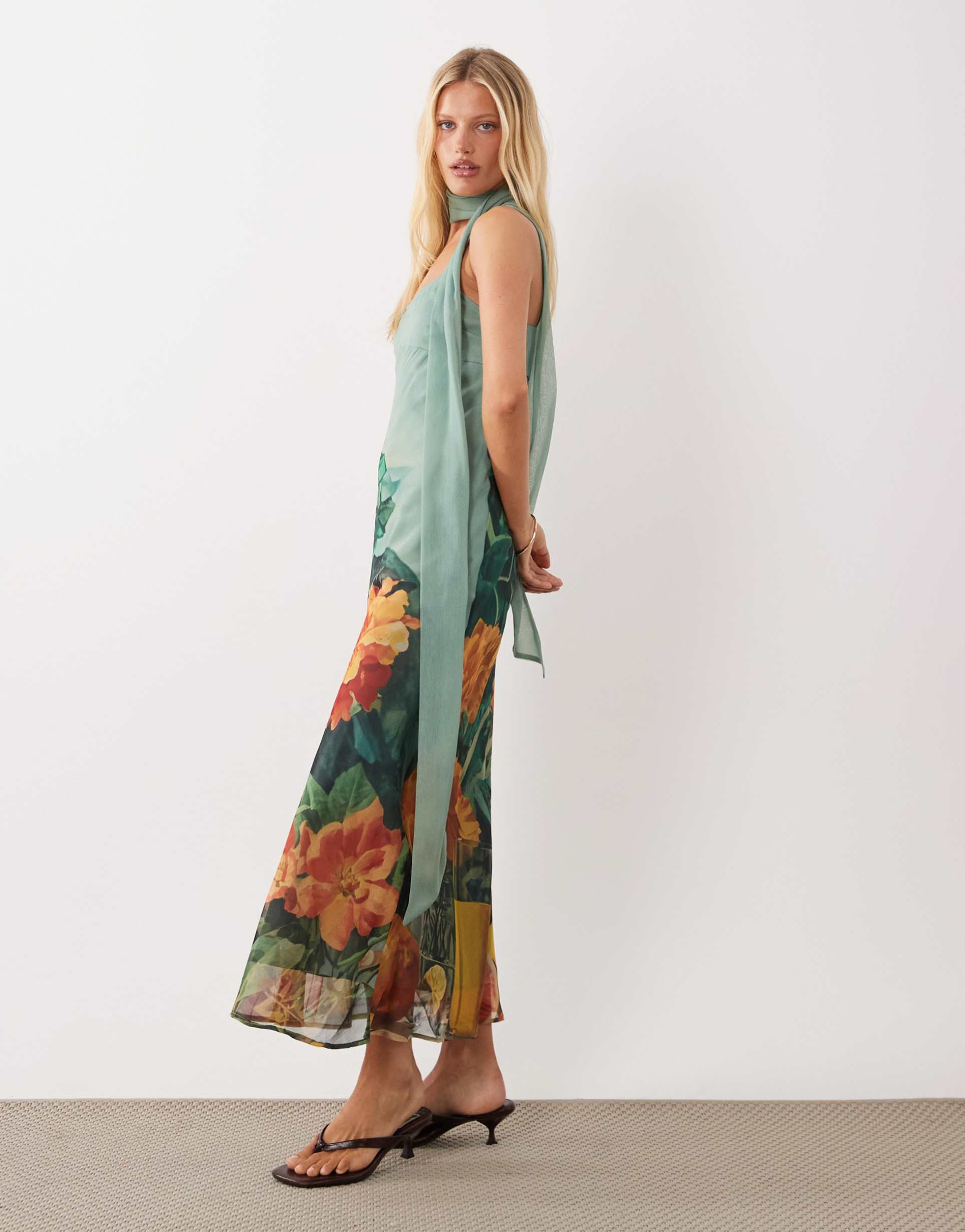 asos design midaxi slip dress with scarf in green floral