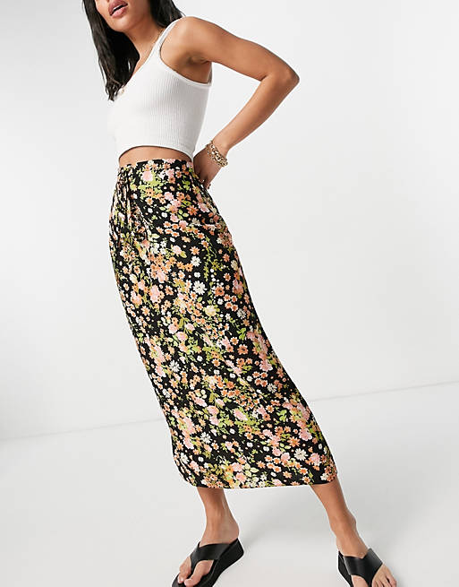  midaxi slip skirt with lace up detail in floral print 