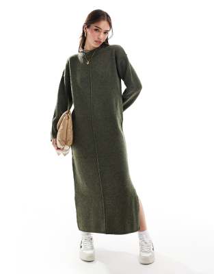 ASOS DESIGN - Midaxi-Strickkleid in Khaki mit Ziernaht auf der Vorderseite-Weiß