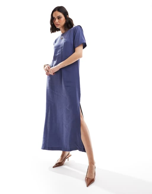 ASOS DESIGN - Midaxi T-shirtjurk met schoudervulling in indigoblauw