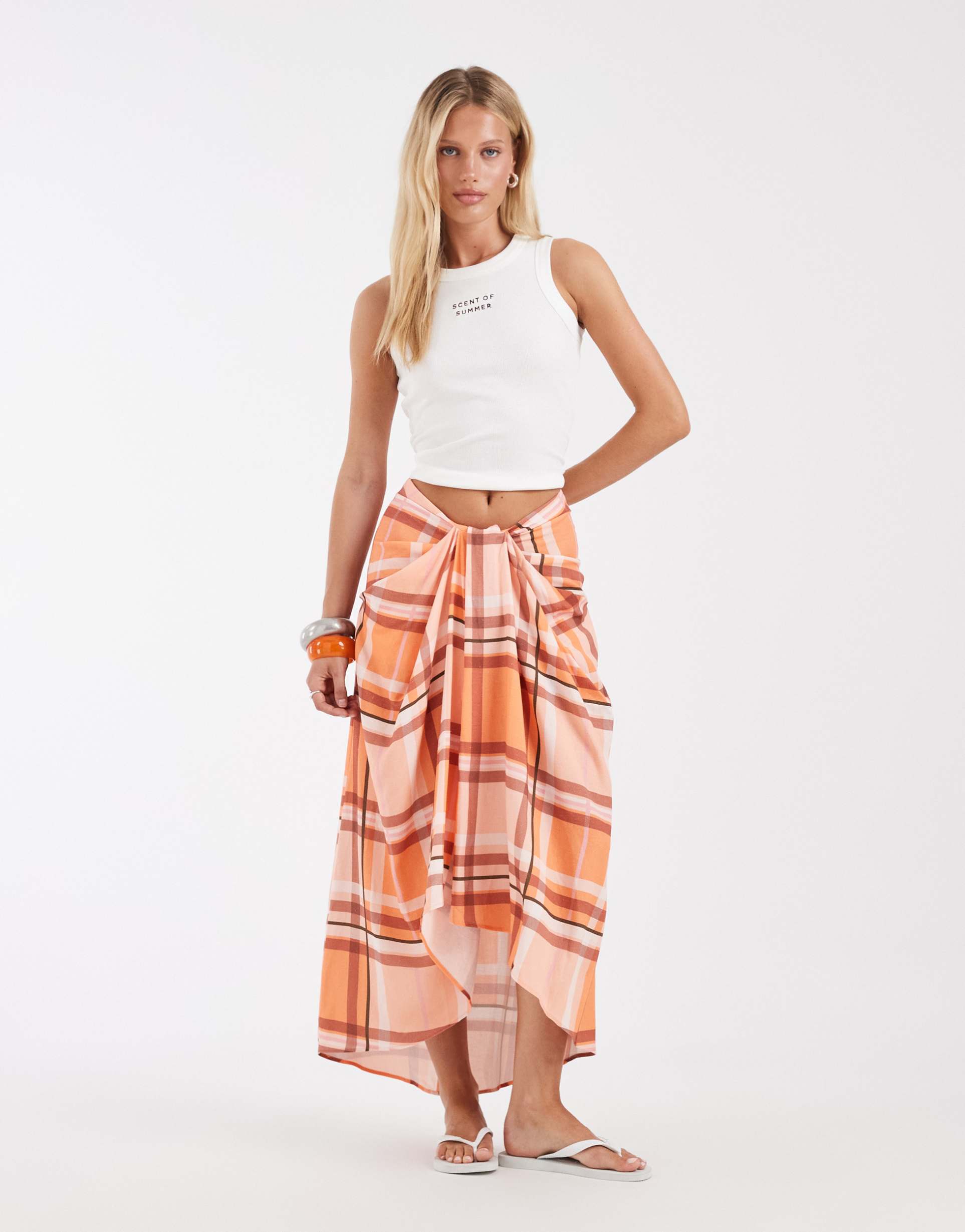 asos design midaxi wrap skirt in orange plaid