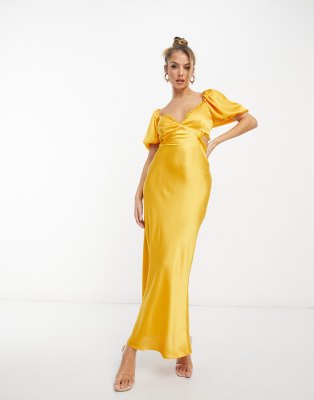 ASOS Design - Midaxikleid aus goldfarbenem Satin im Milchmädchenstil mit Riemchen am Rücken und Spitzenrand