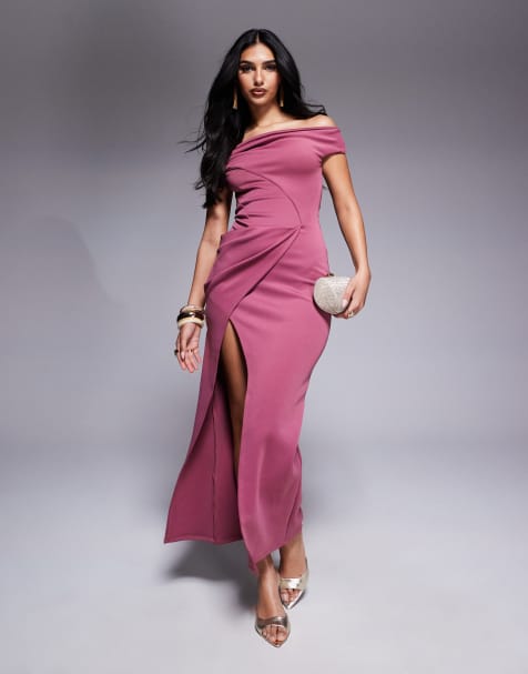 ASOS DESIGN – Midaxikleid aus neoprenartigem Stoff in Staubrosa mit geformtem Carmen-Ausschnitt und Oberteil mit Stäbcheneinsatz - view 1