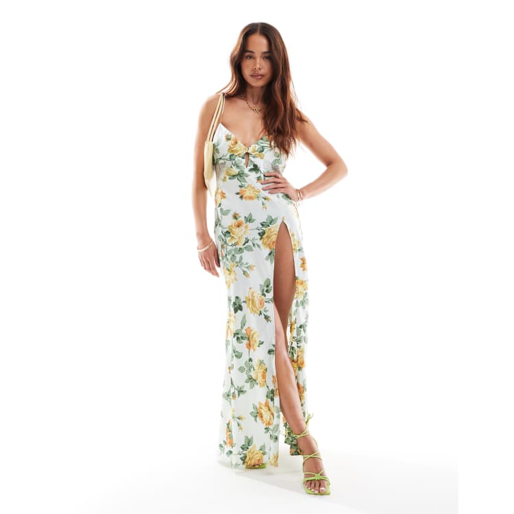 ASOS DESIGN – Midaxikleid aus Satin in Minzgrün geblümt mit  