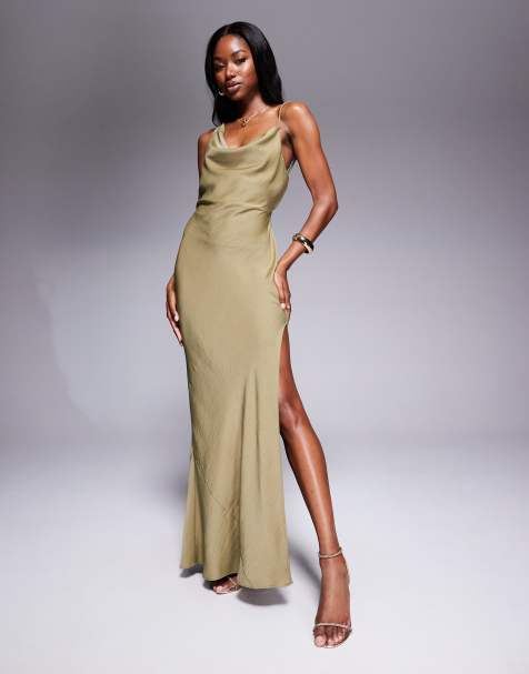 ASOS DESIGN – Midaxikleid aus Satin in Olivgrün mit asymmetrischem Träger und Schlitz - view 1