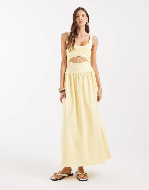 ASOS DESIGN – Midaxikleid in Gelb mit Zierausschnitt - view 1