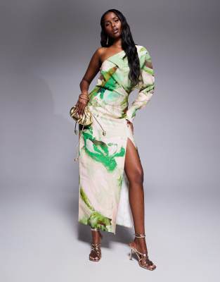 ASOS DESIGN - Midaxikleid in Grün mit abstraktem Muster, Drapierung und One-Shoulder-Träger