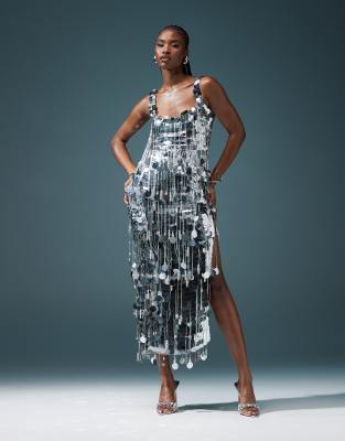 ASOS DESIGN - Midaxikleid in Silber mit paillettenbesetzten Fransen