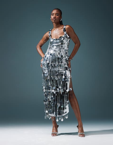 ASOS DESIGN – Midaxikleid in Silber mit paillettenbesetzten Fransen - view 1